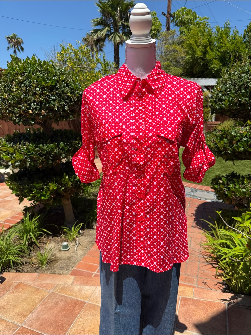 Red & White Polka Dot Button-Up Blouse